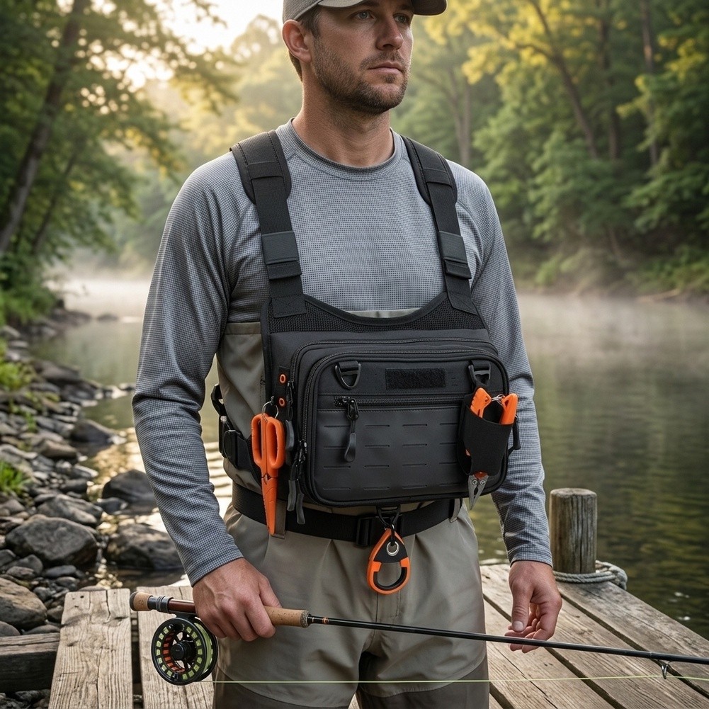 플라이 낚시용 가슴에 착용하는 배낭형 조끼로, 앞면과  - Fishing Vest 리뷰 및 가격